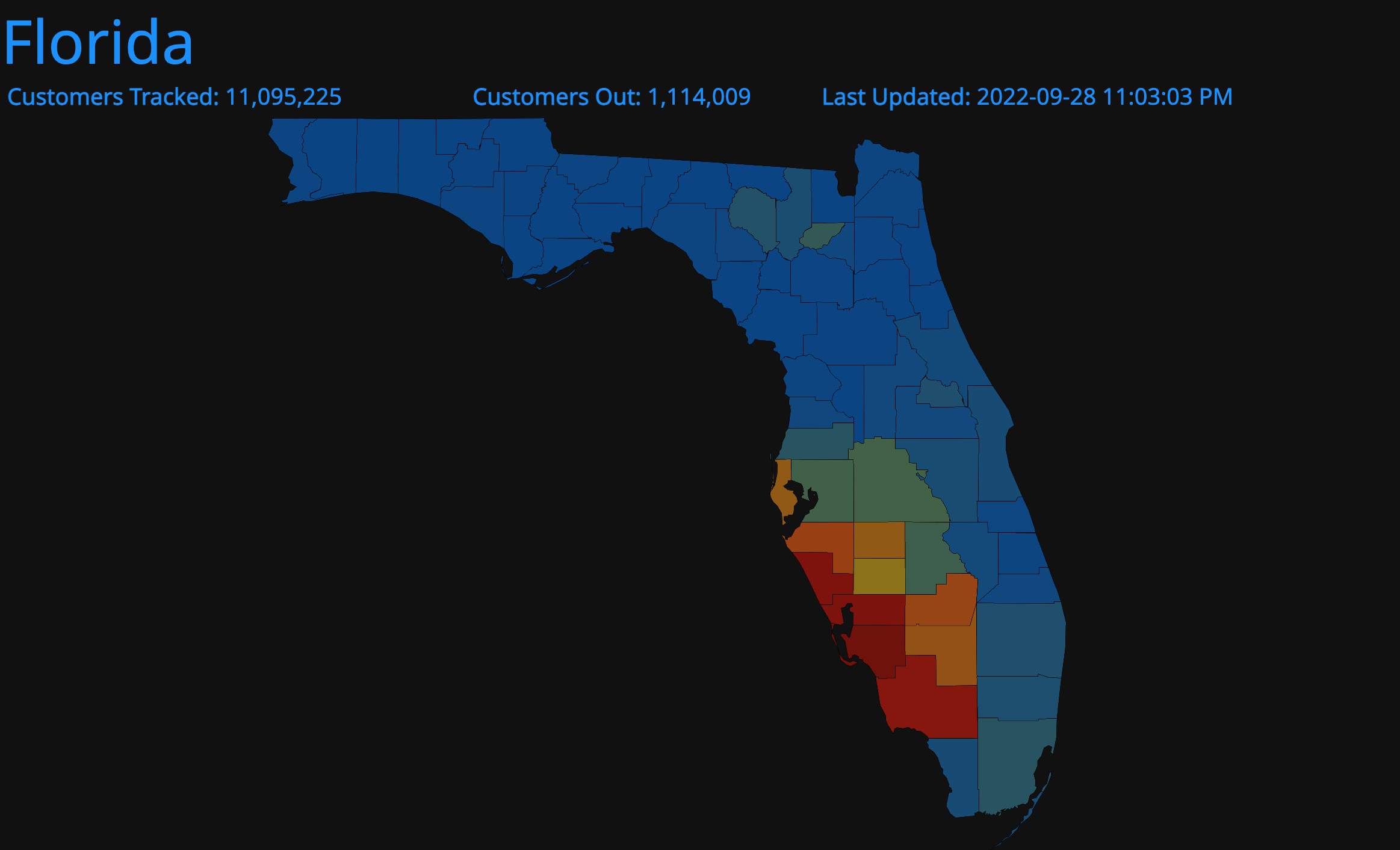 Abb. 1: Über 1 Million Haushalte haben in Florida aktuell keine Elektrizität (Quelle: poweroutage.us)