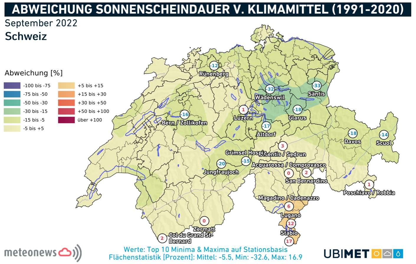 Fig. 4: Pourcentage d'ensoleillement en septembre en Suisse par rapport à la norme 1991-2020