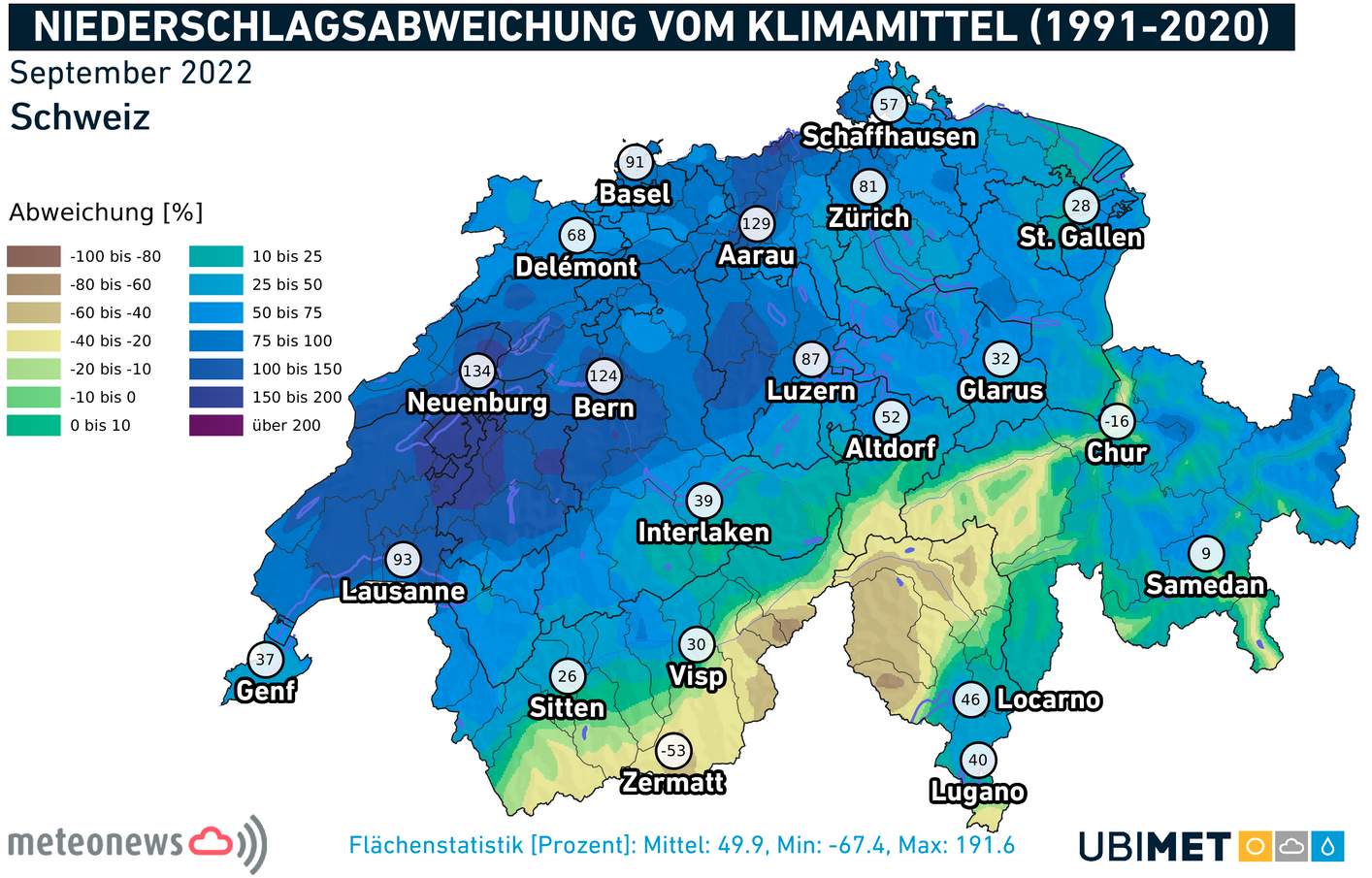 Fig. 2: Écart de précipitations par rapport à la norme au mois de septembre en Suisse