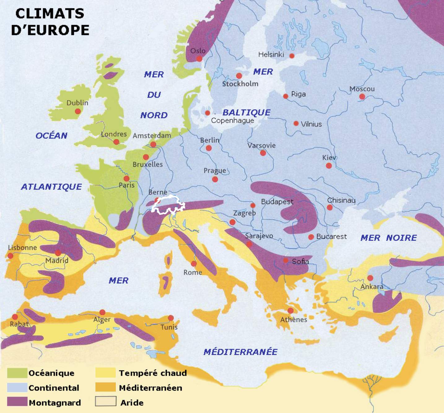 Fig. 1: Ci-dessus, une représentation des climats de l'Europe. Avec pour la Suisse un climat de type continental au nord des Alpes et un climat tempéré chaud pour le Tessin. Source: Spiridon MANOLIU - wikidia.