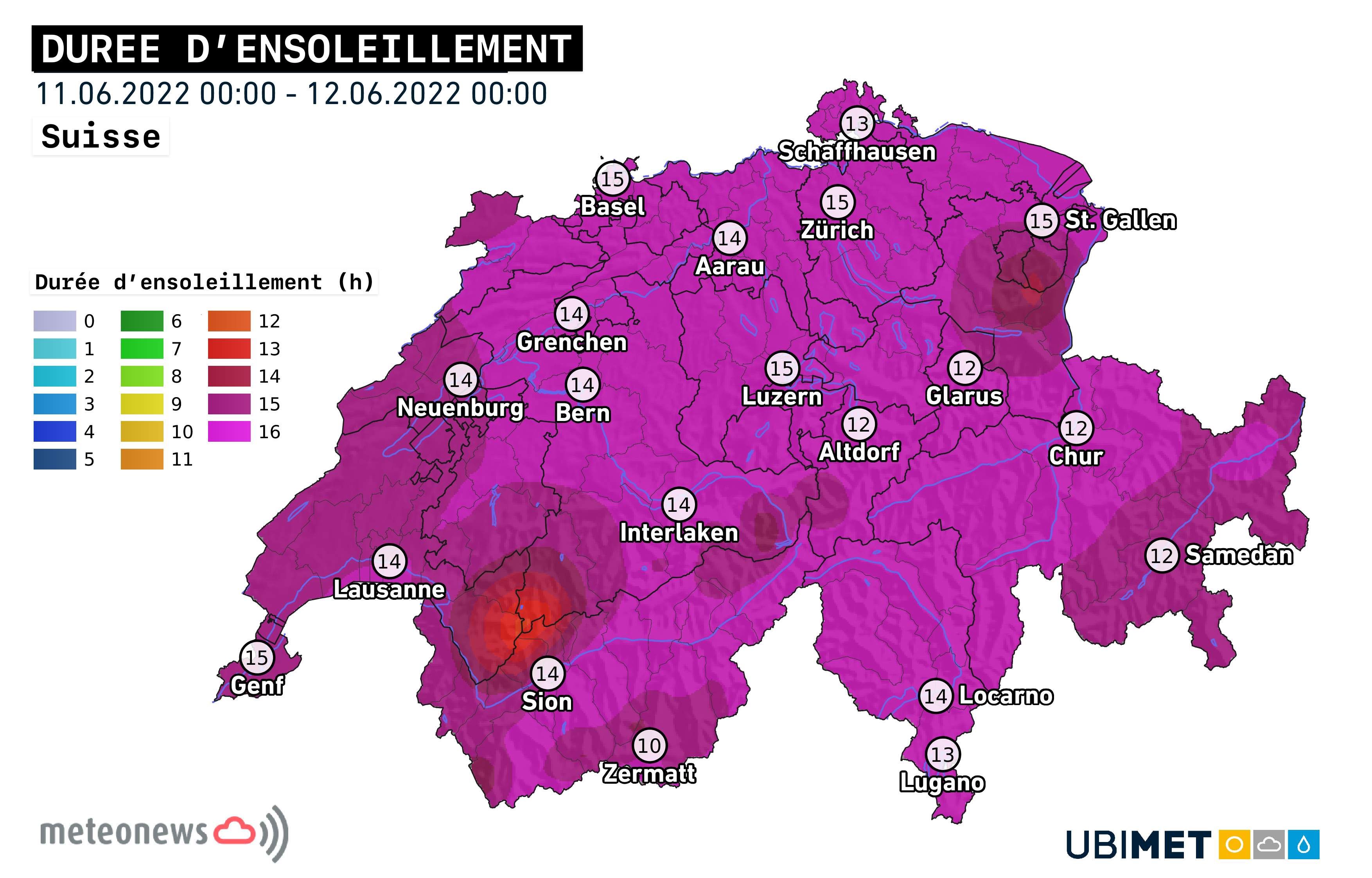 Fig. 10: Durée d'ensoleillement en Suisse pour la journée du lundi 11 juin 2022.