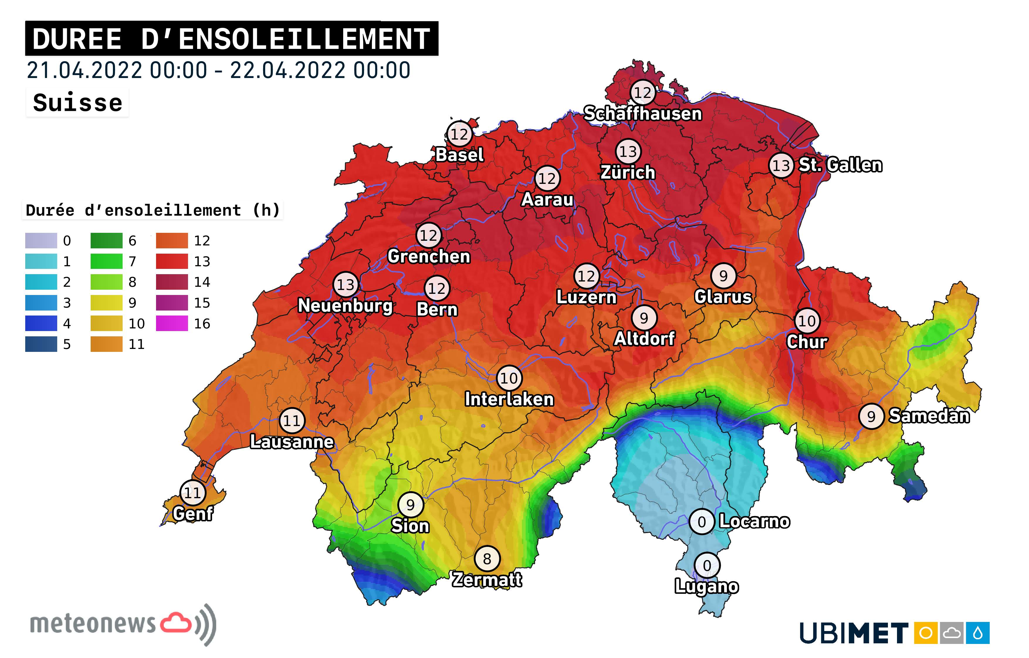 Fig. 6: Durée d'ensoleillement en Suisse pour la journée du jeudi 21 avril 2022.