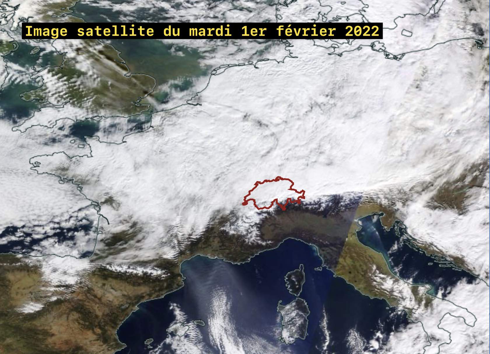 Fig. 3: Image satellite de l'ouest de l'Europe prise le mardi 1er février vers la mi-journée. Source: NASA Worldview (EOSDIS)