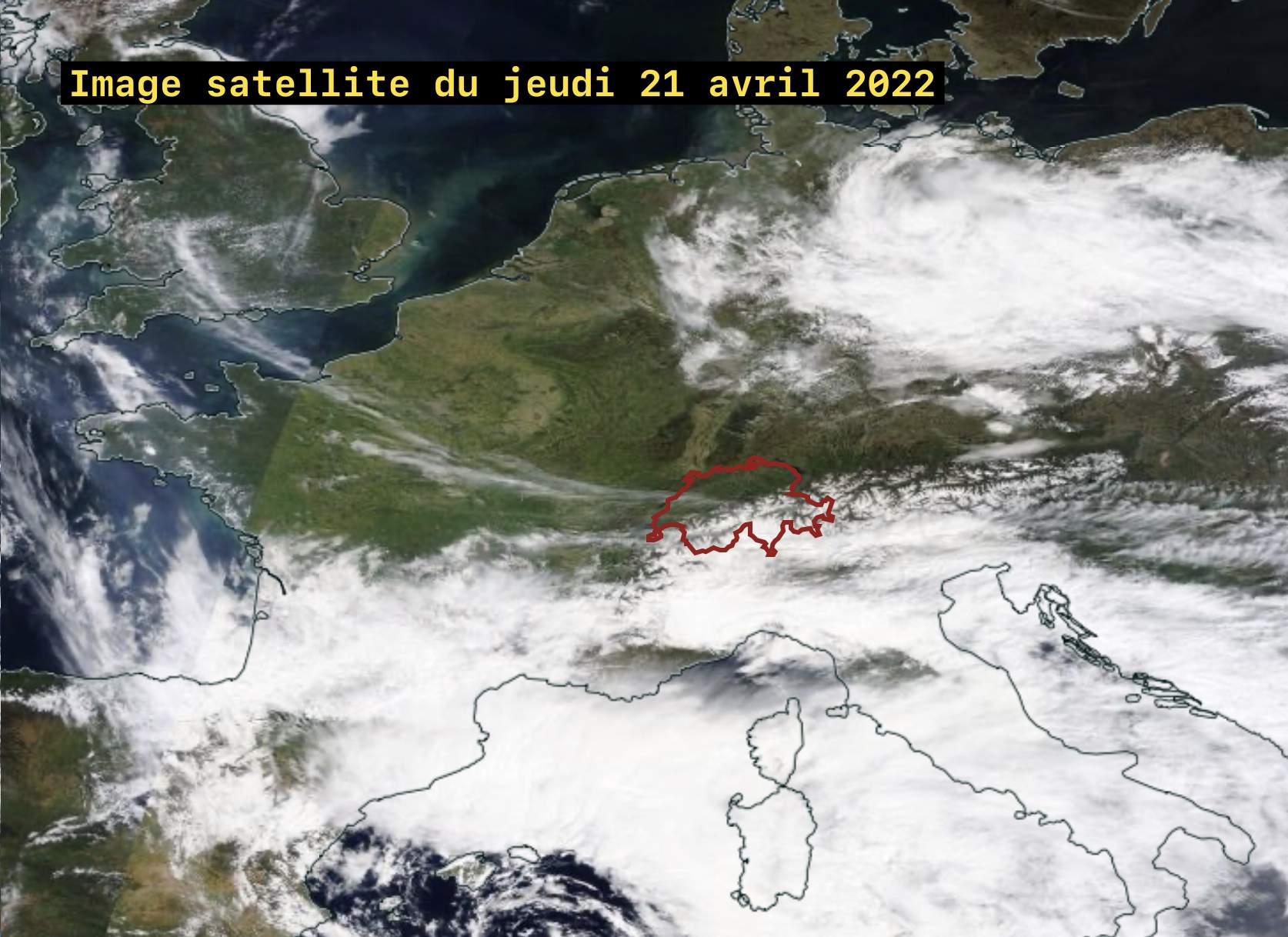 Fig. 5: Image satellite de l'ouest de l'Europe prise le jeudi 21 avril vers la mi-journée. Source: NASA Worldview (EOSDIS)