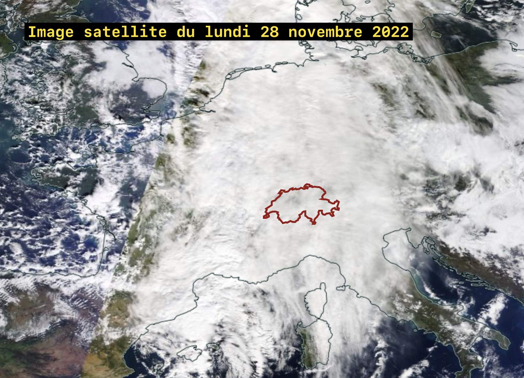 Fig. 7: Image satellite de l'ouest de l'Europe prise le lundi 28 novembre vers la mi-journée. Source: NASA Worldview (EOSDIS)