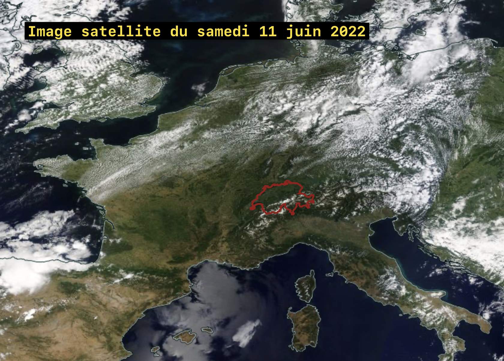Fig. 9: Image satellite de l'ouest de l'Europe prise le samedi 11 juin vers la mi-journée. Source: NASA Worldview (EOSDIS)