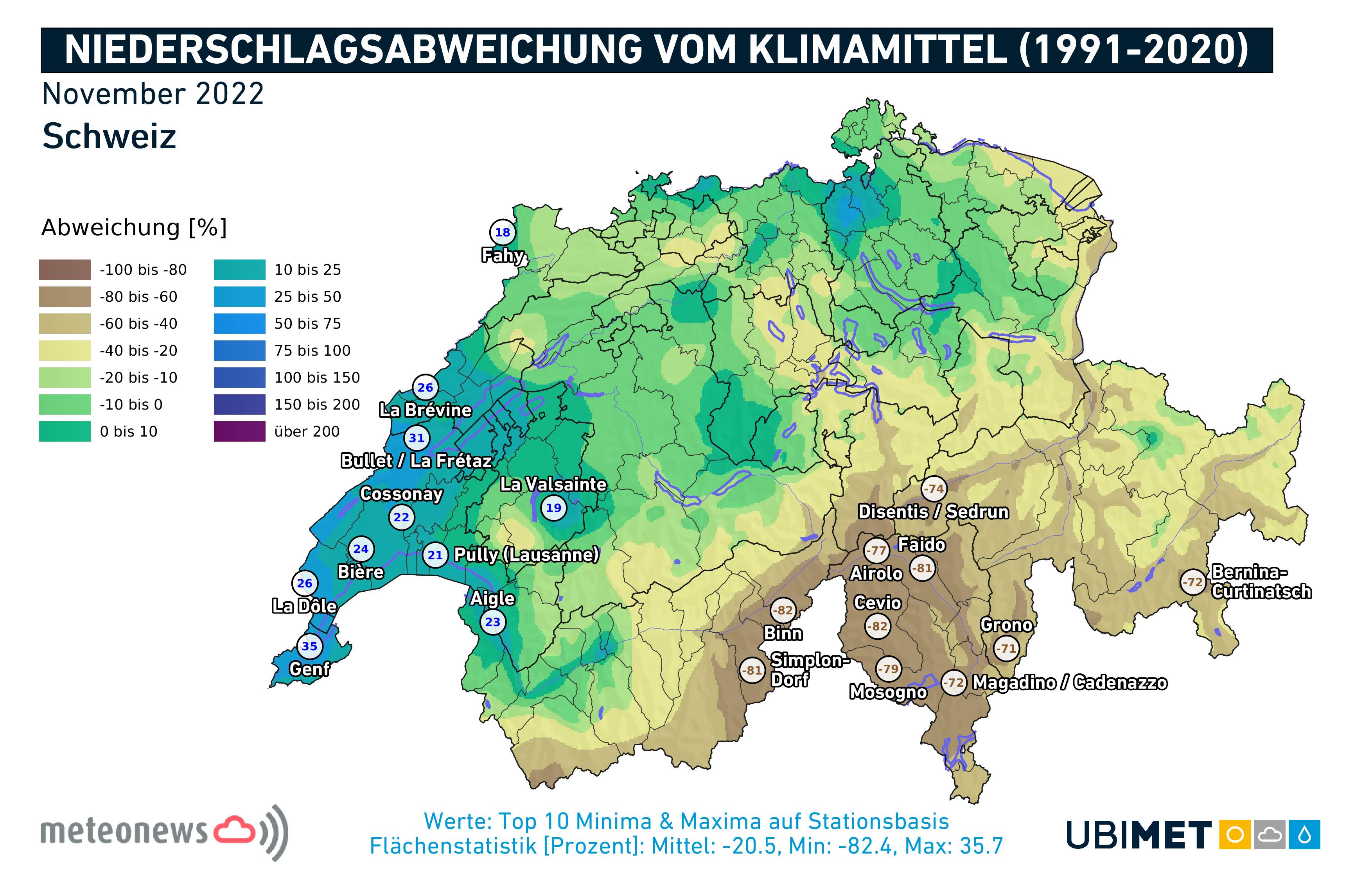 Abb. 3: November-Niederschlagsabweichung im Vergleich zum Klimamittel 1991-2020