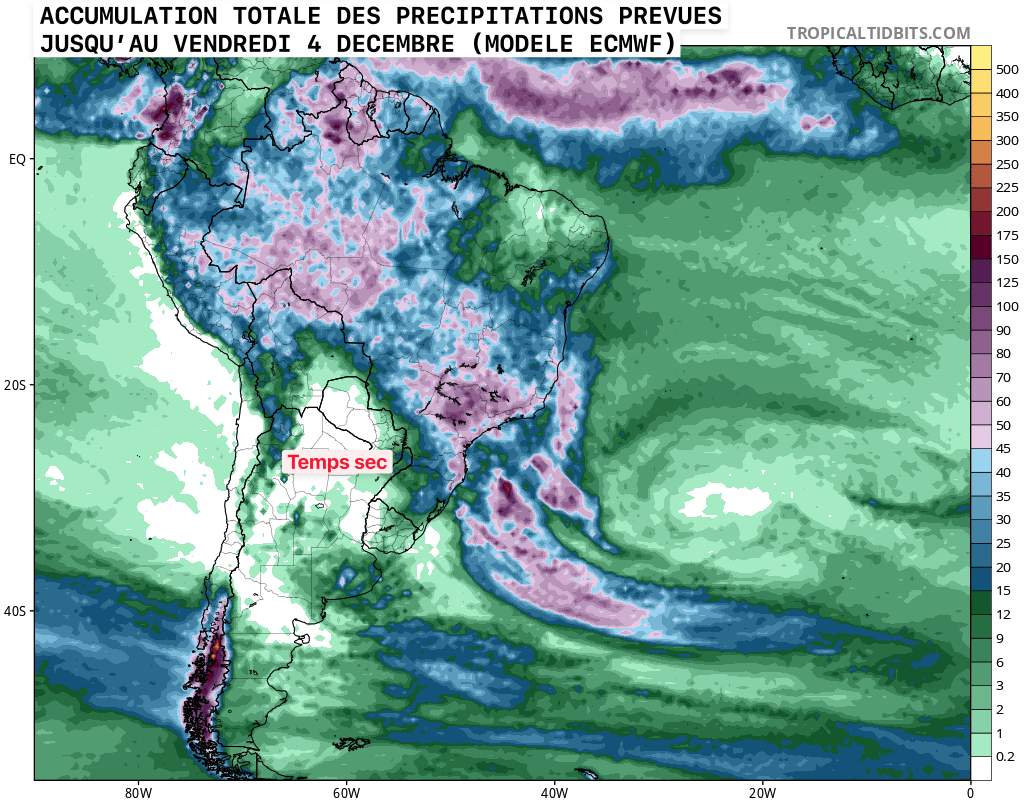 Fig. 3: Somme des précipitations prévues en Amérique du Sud entre le 4 et le 9 décembre. Source : modèle ECMWF - tropicaltidbits.com