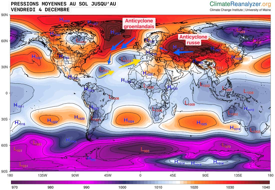 Fig. 1: Champ de pression moyen au niveau mondial prévu entre le 4 et le 9 décembre. On y voit notamment les puissants anticyclones sur le Groenland et l'ouest de la Russie. Source: modèle GFS - climatereanalyzer.org