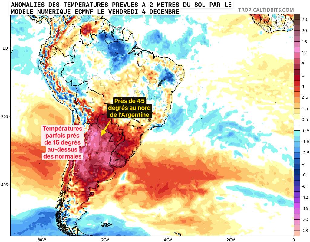 Fig. 4: Anomalies des températures prévues à 2 m du sol le vendredi 9 décembre en Amérique du Sud. Source : modèle ECMWF - tropicaltidbits.com