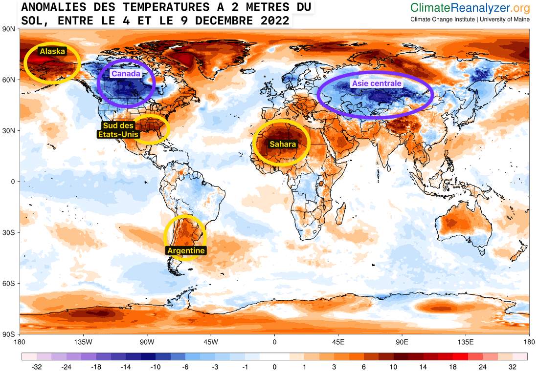 Fig. 2: Anomalies des températures au niveau mondial prévues entre le 4 et le 9 décembre. Source: modèle GFS - climatereanalyzer.org