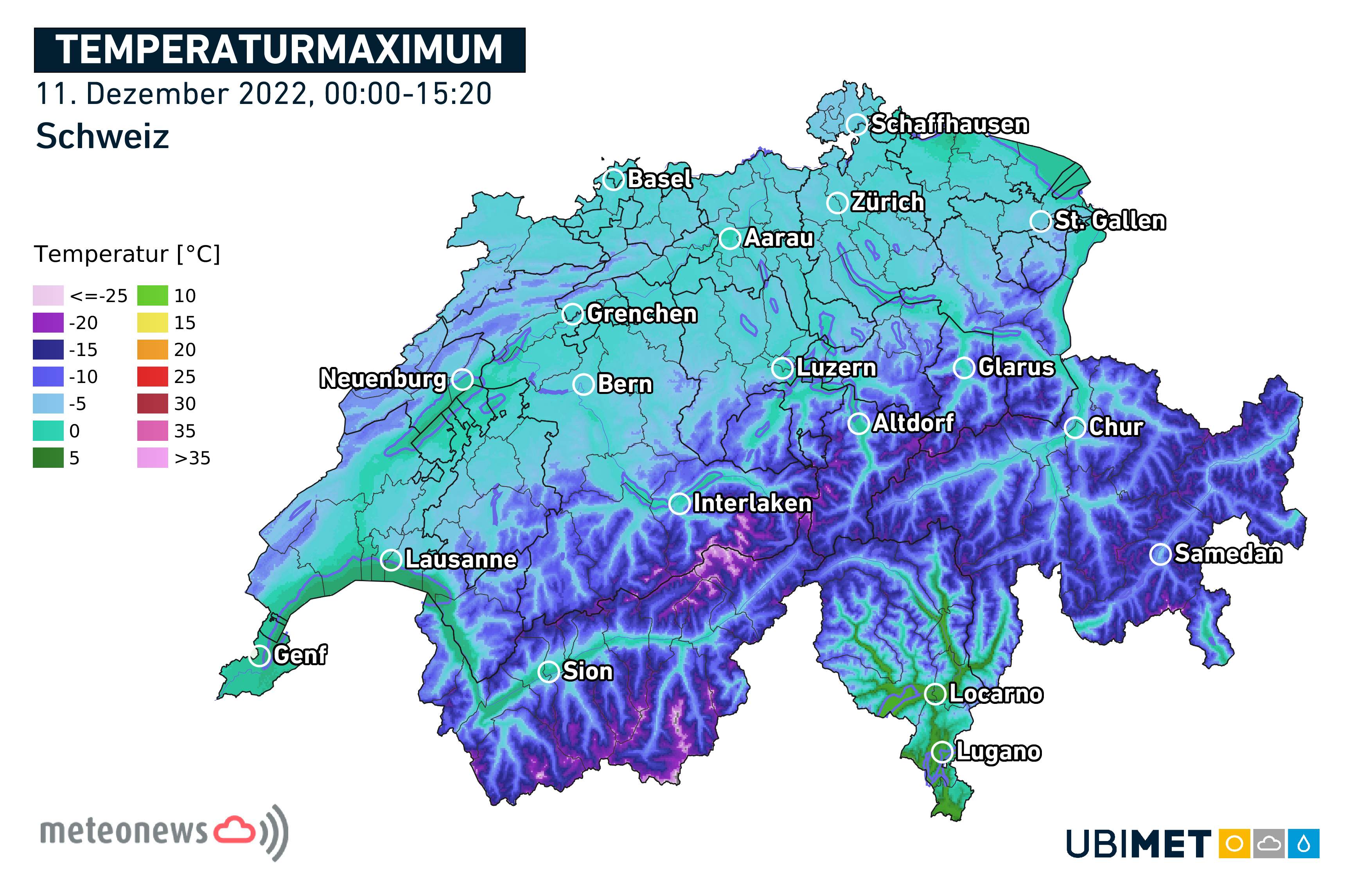 Abb. 1: Die Höchsttemperaturen blieben auf der Alpennordseite heute vielerorts im negativen Bereich (alle Regionen die blaublau bis dunkelblau und violett gefärbt sind).