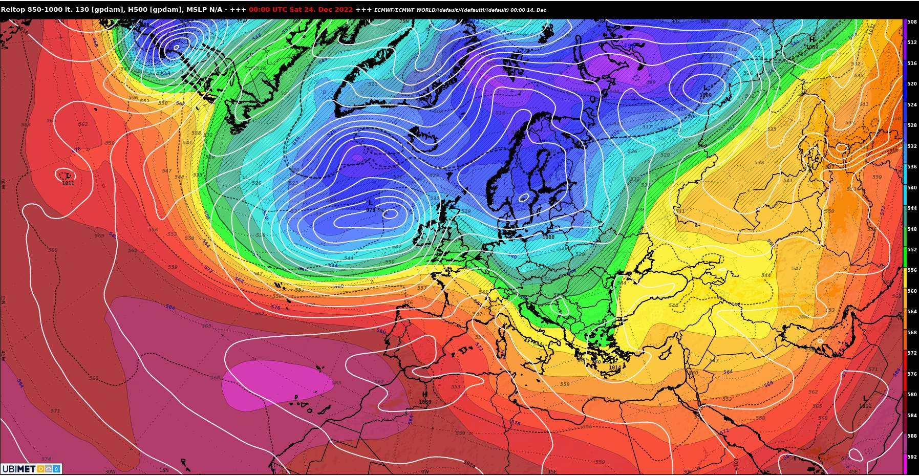 Abb. 1: Prognostizierte Luftmassenverteilung am 24. Dezember gemäss europäischem Wettermodell - man erkennt, wie sich ein potenzieller Hochdruckrücken aufbauen könnte