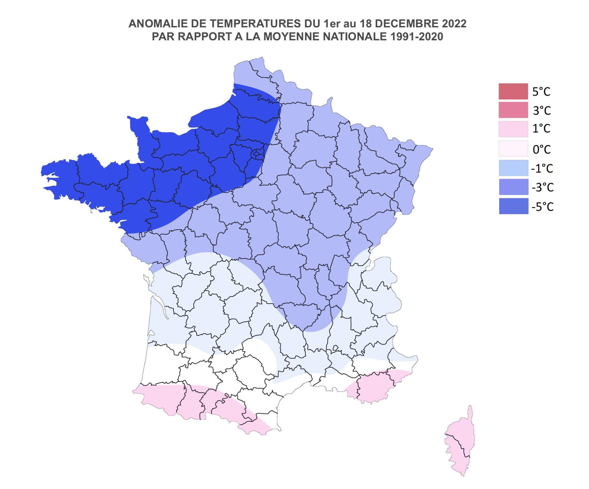 Fig. 2: Anomalie de températures du 1er au 18 décembre 2022 (c) Meteonews