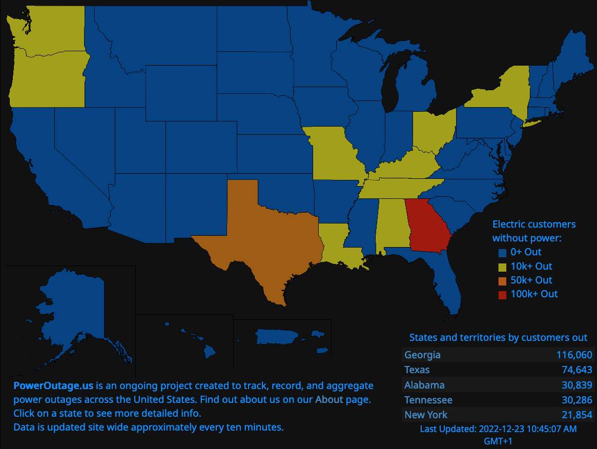 Abb. 1: Aktuelle Stromausfälle nach Bundesstaaten (Quelle: poweroutage.us)