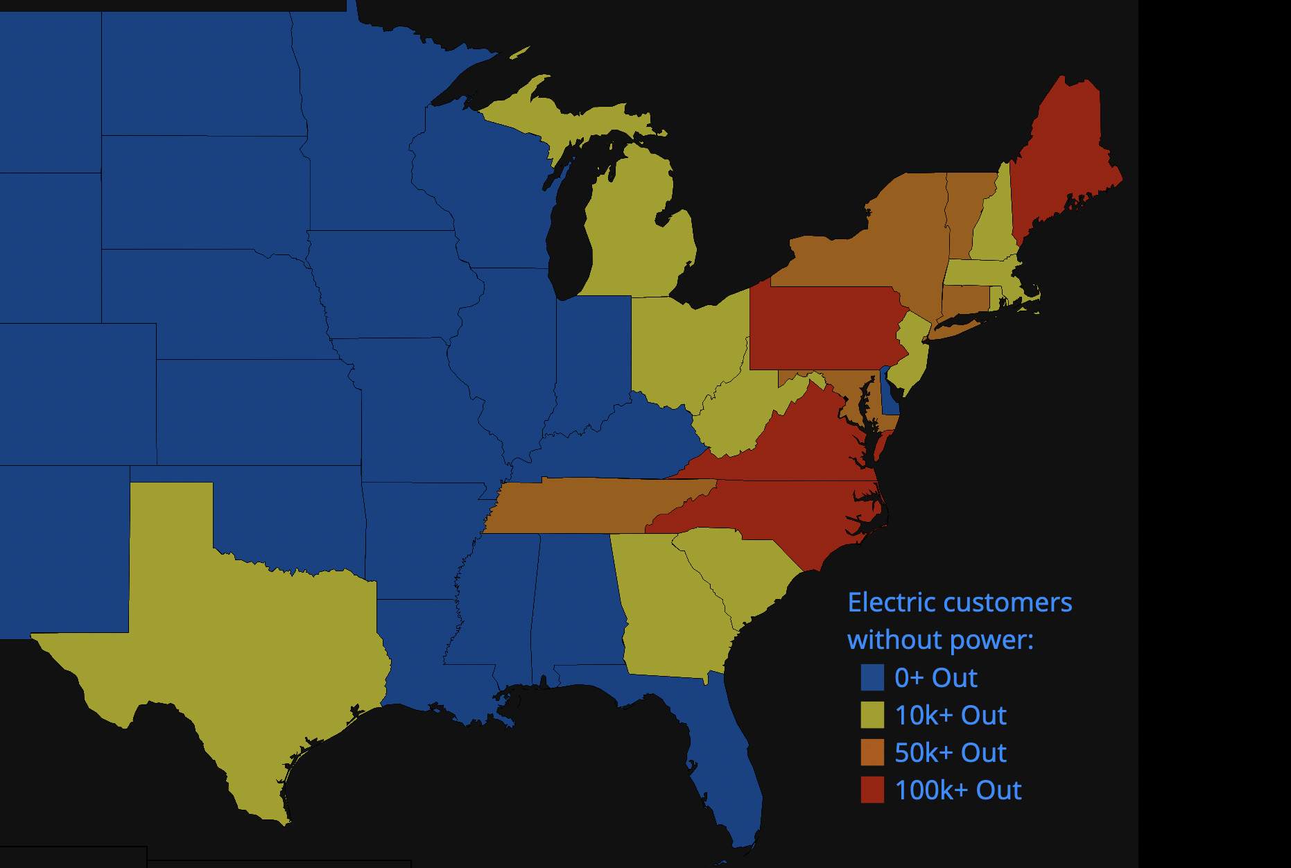 Abb. 4: Die Karte von https://poweroutage.us/ zeigt, wie viele Haushalte wegen dem Wintersturm Elliott ohne Elektrizität auskommen mussten - es waren am Freitagmittag mehrere 100'000!