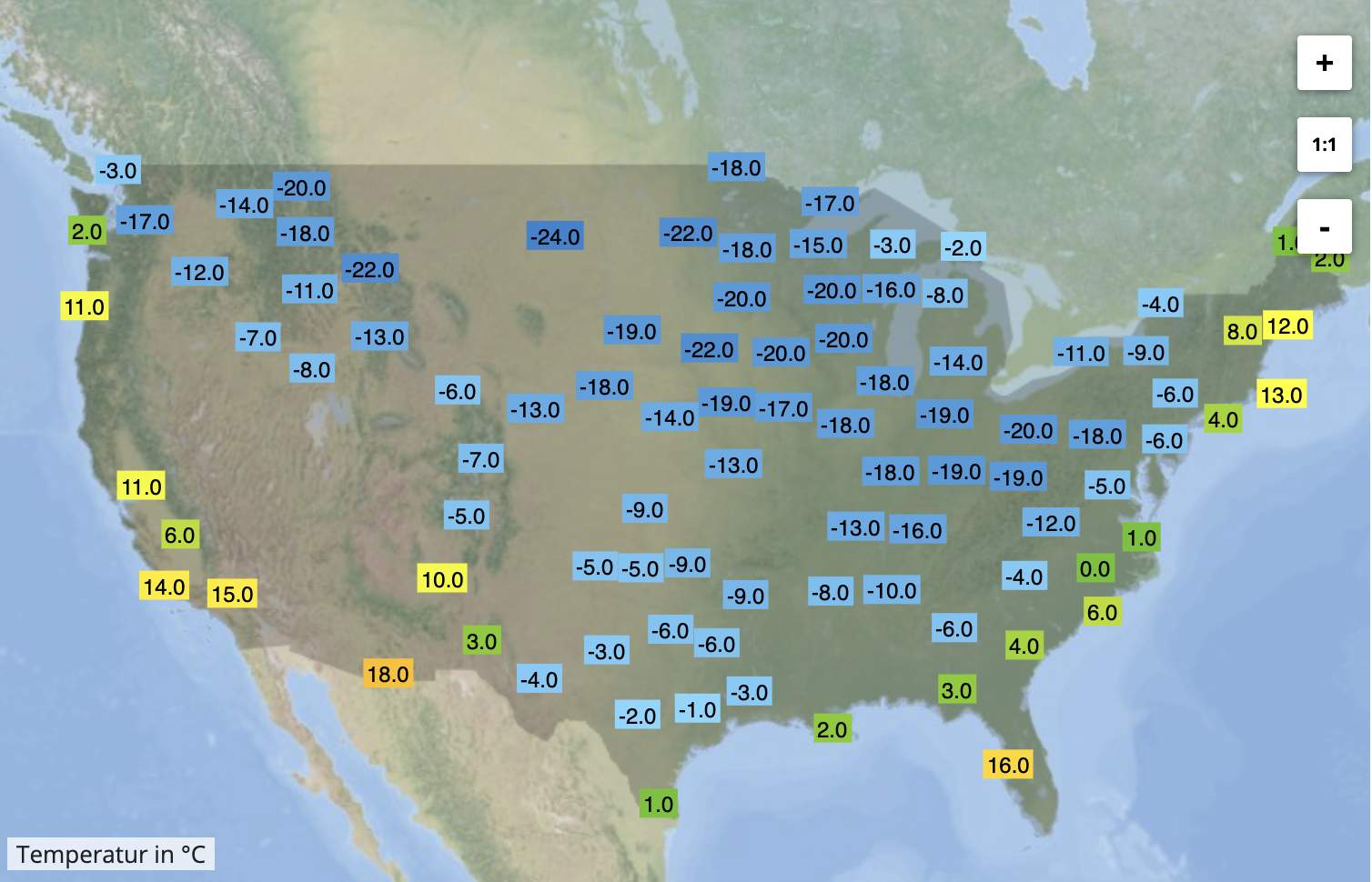 Abb. 2: Die Messwerte von Freitagmittag offenbaren: Weite Teile der USA starten mit eisigen Temperaturen in das Weihnachtswochenende.