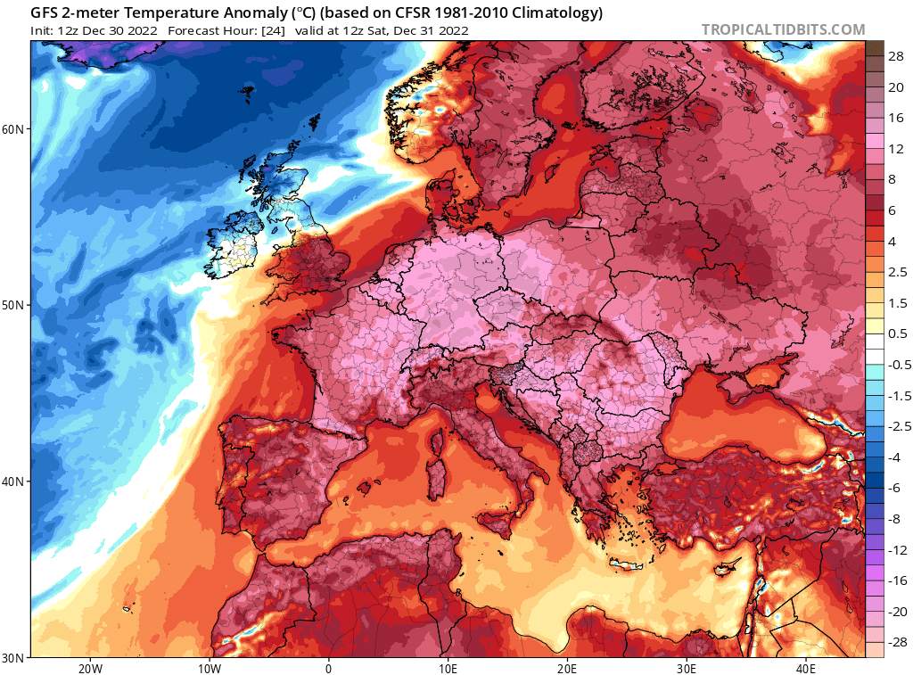 Abb. 1: Die Temperaturen liegen an Silvester 2022 fast in ganz Europa weit über dem langjährigen Klimamittelwert. Am massivsten ist die Abweichung in Mitteleuropa.