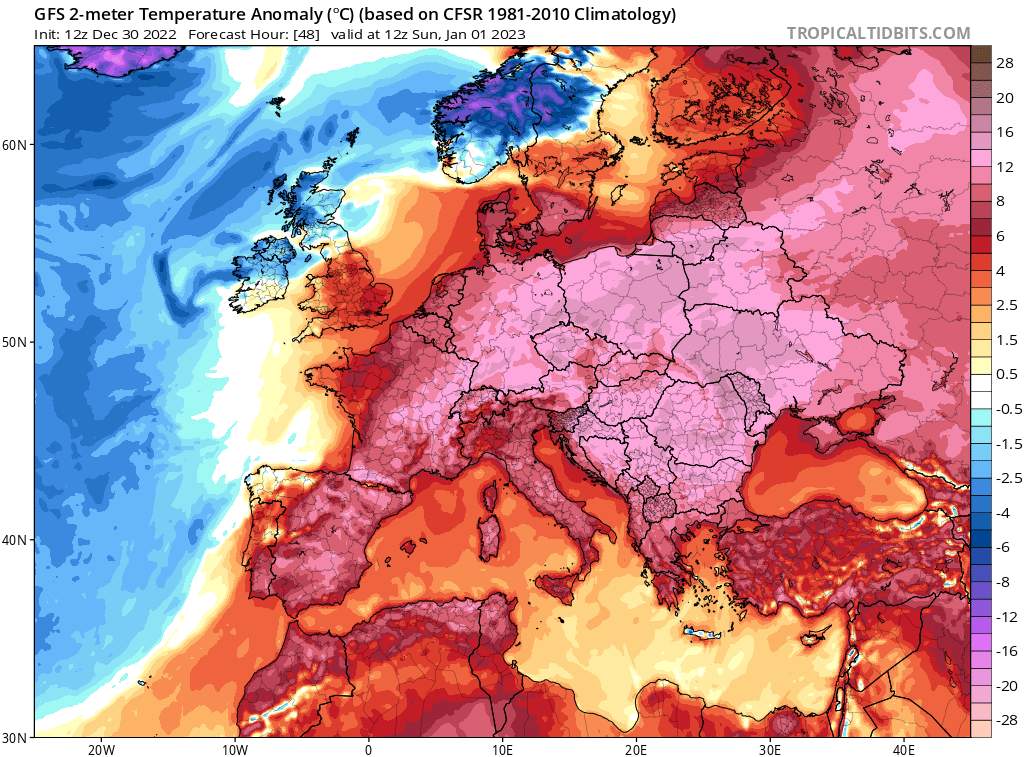 Abb. 2: Am ersten Tag im neuen Jahr 2023 verlagert sich die warme Luftmasse etwas nach Osten. Dann sind die Abweichungen vor allem in Osteuropa extrem gross.