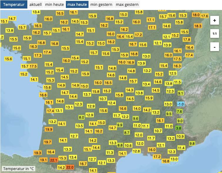 Abb. 1: Die Maximaltemperaturen bis Silvestermittag in Frankreich.