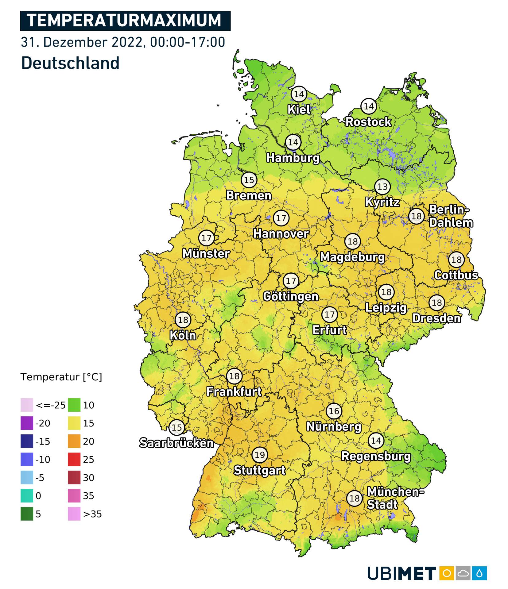 Abb. 2: Höchsttemperaturen in Deutschland am 31.12.2022