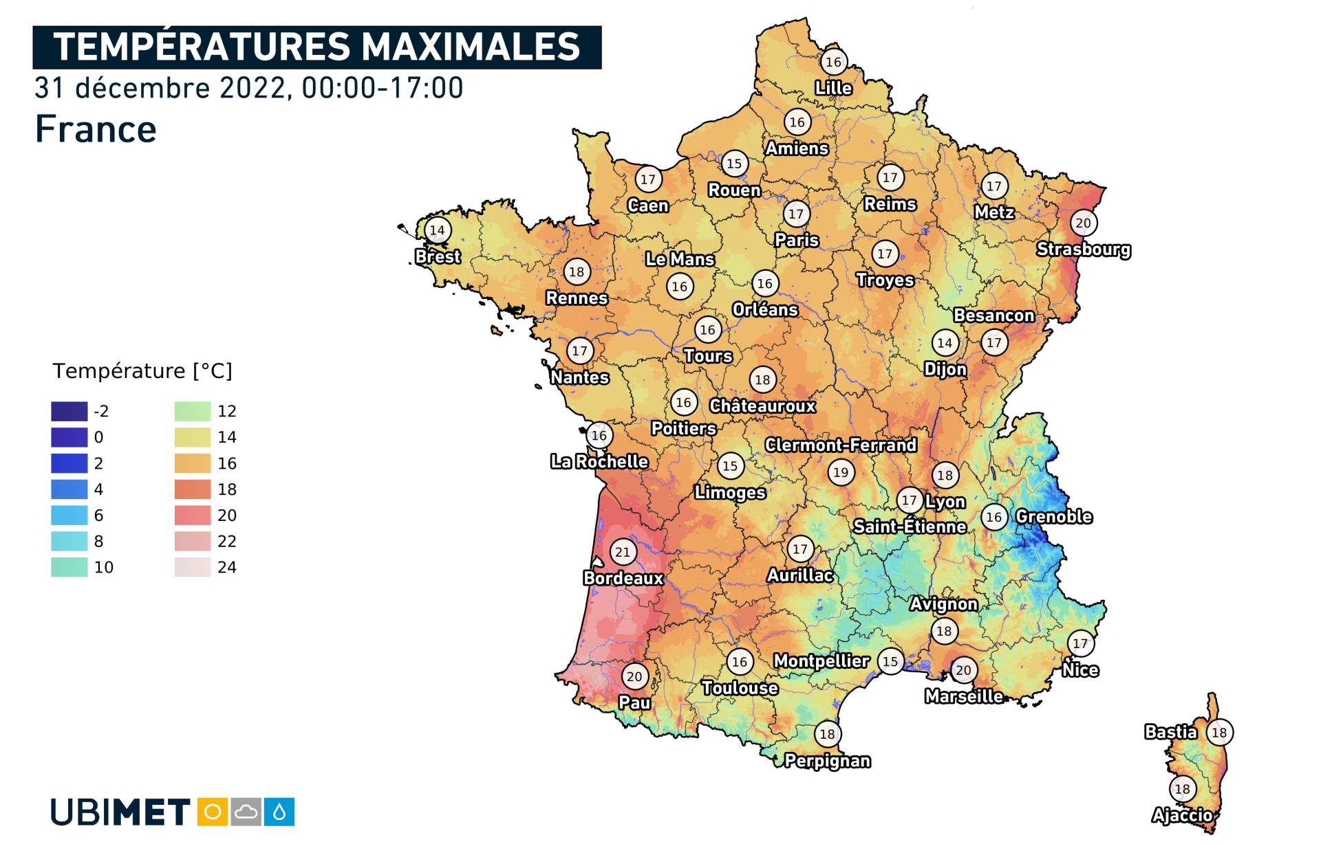 Abb. 1: Höchsttemperaturen in Frankreich am 31.12.2022