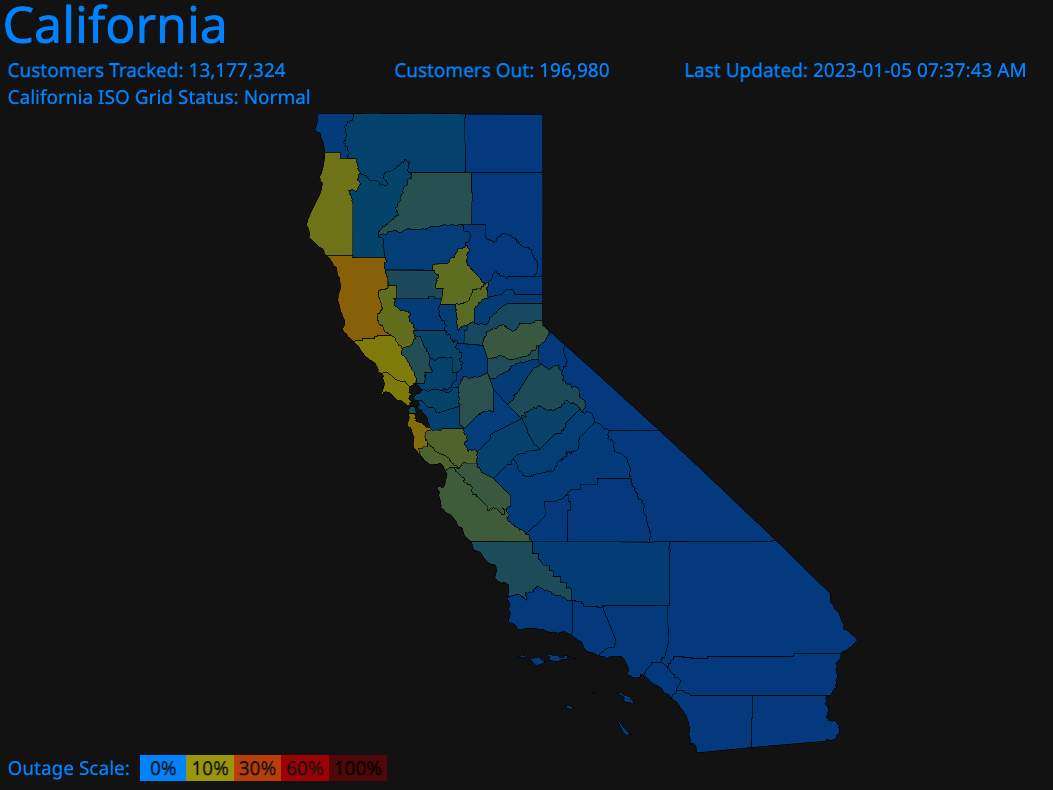 Abb. 2: Aktuelle Übersichtskarte der Stromausfälle in Kalifornien (Quelle: poweroutage.us)