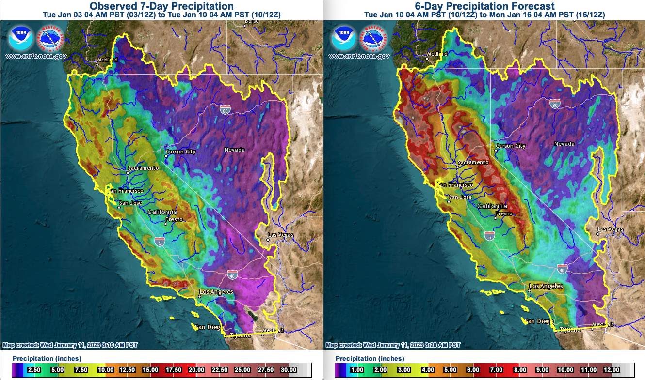 Abb. 1: Gemessene Niederschlagssummen der vergangenen 7 Tage (links) und die prognostizierten Niederschlagssummen der nächsten 6 Tage (rechts). Beachte, dass die Legende unterschiedlich ist. (Quelle: California Nevada River Forecast Center)