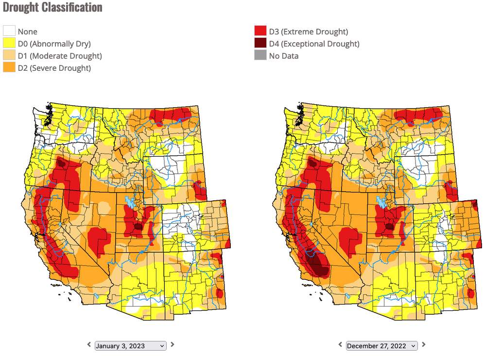 Abb. 4: Aktuelle Dürresituation im Westen der USA. Situation Anfang Januar (links) verglichen mit Ende Dezember (rechts). (Quelle: U.S. Drought Monitor)