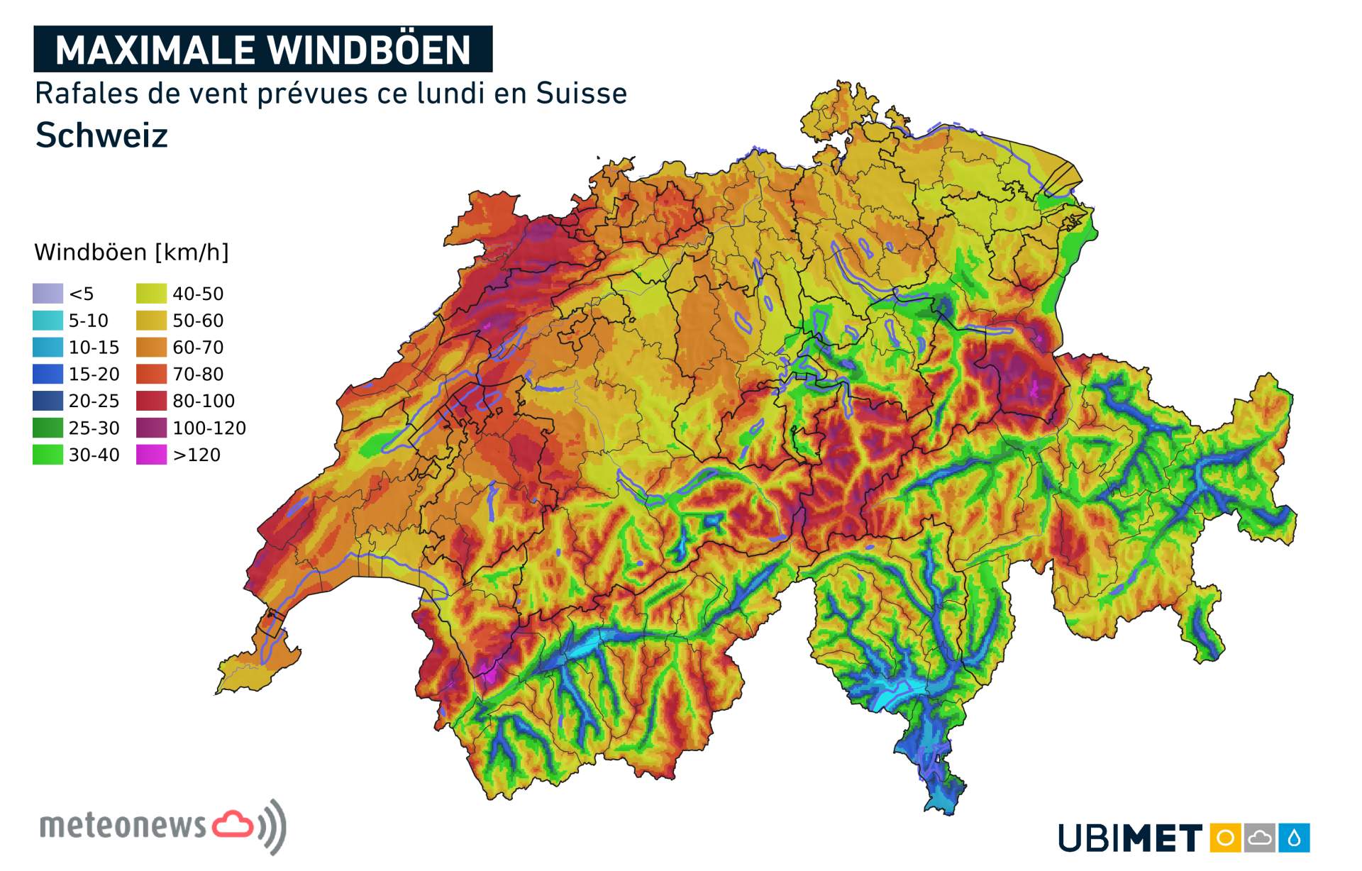 Fig. 4: Rafales de vent prévues lundi en Suisse