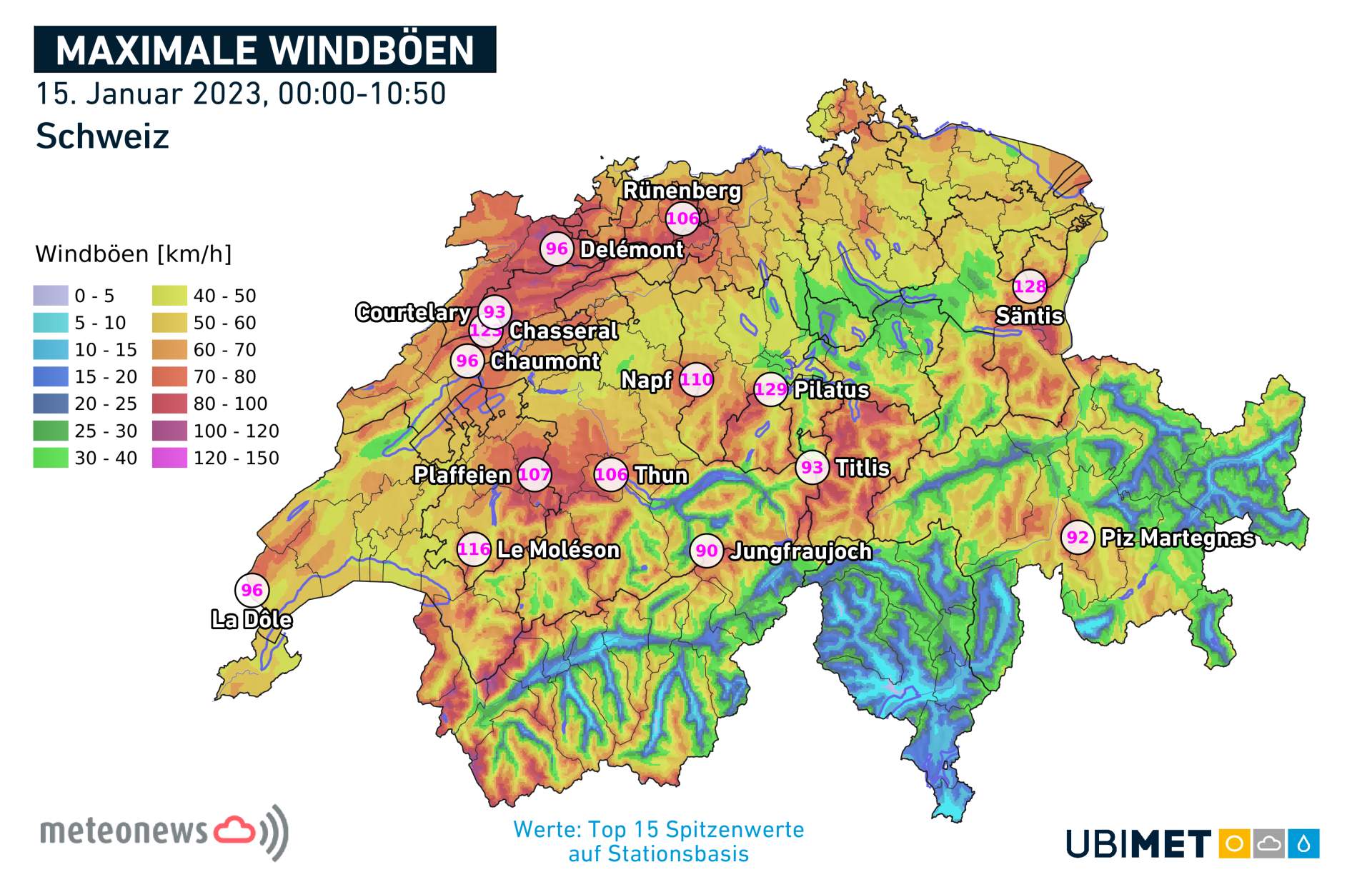 Fig. 3: Rafales de vent mesurées la nuit dernière en Suisse