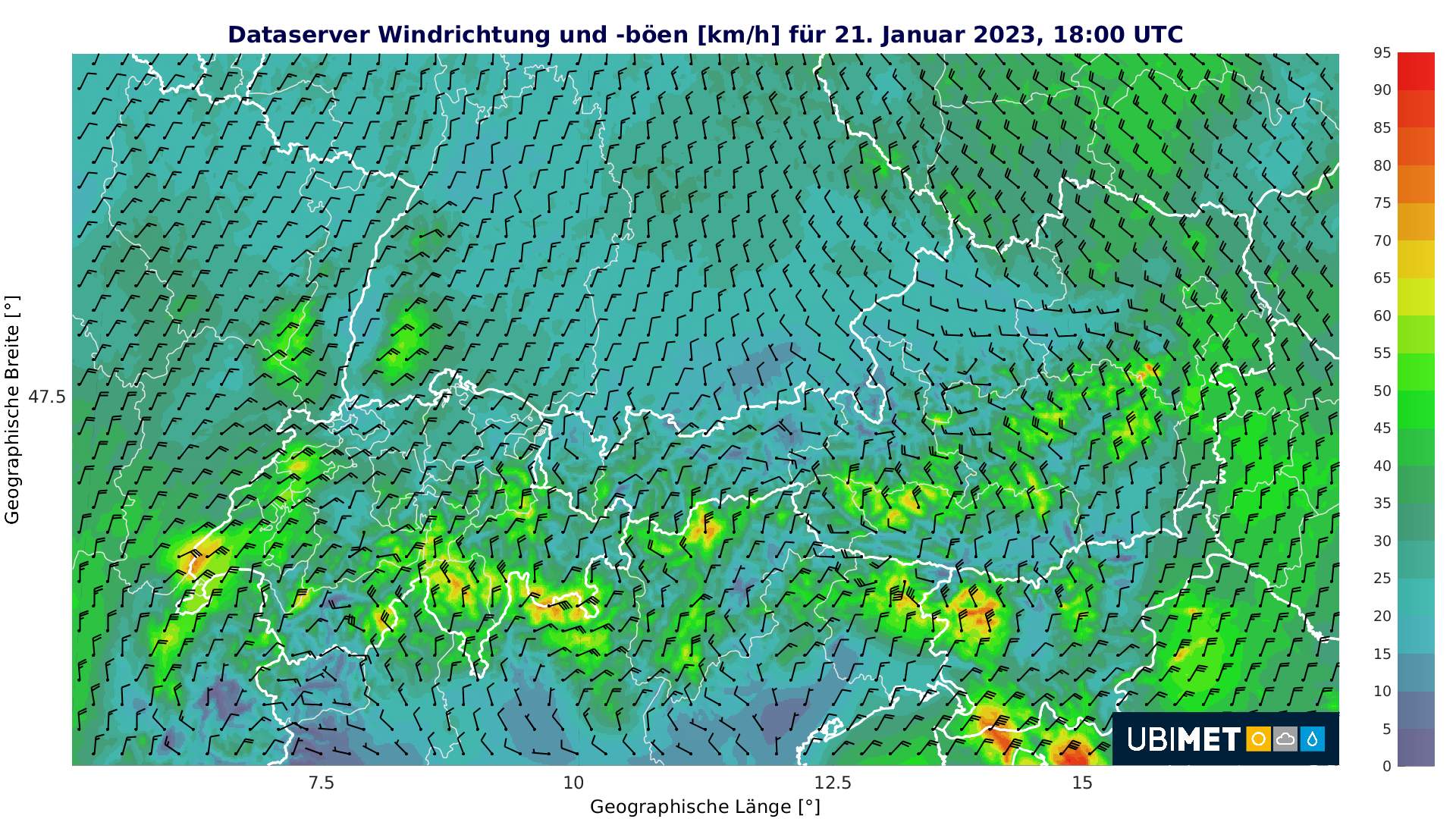 Abb. 3: Windspitzen am Samstagabend - im Mittelland zum Teil zügige Bise, auf der Alpensüdseite Nordföhn