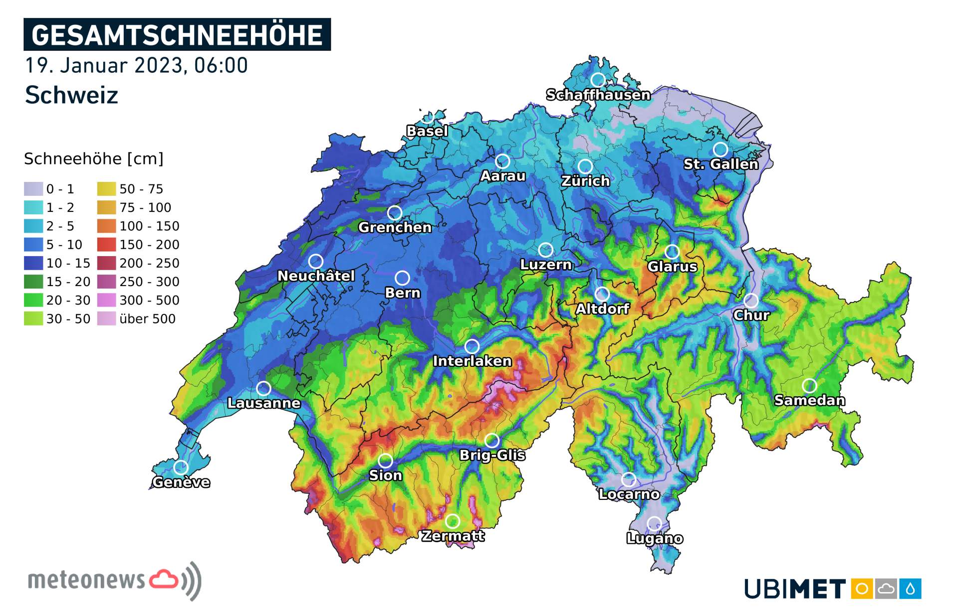 Fig. 1: Hauteur de neige ce jeudi matin en Suisse
