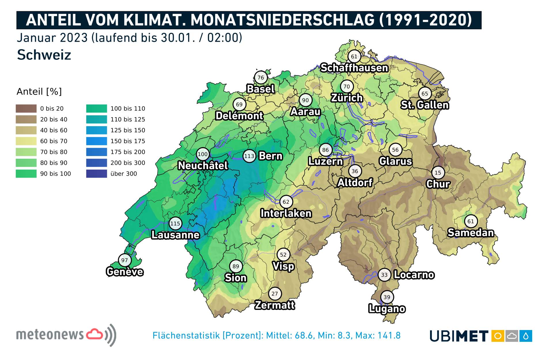 Fig. 7: Pourcentage des précipitations en ce mois de janvier 2023 (jusqu'au 30) par rapport à la norme climatologique 1991-2020; Source: UBIMET