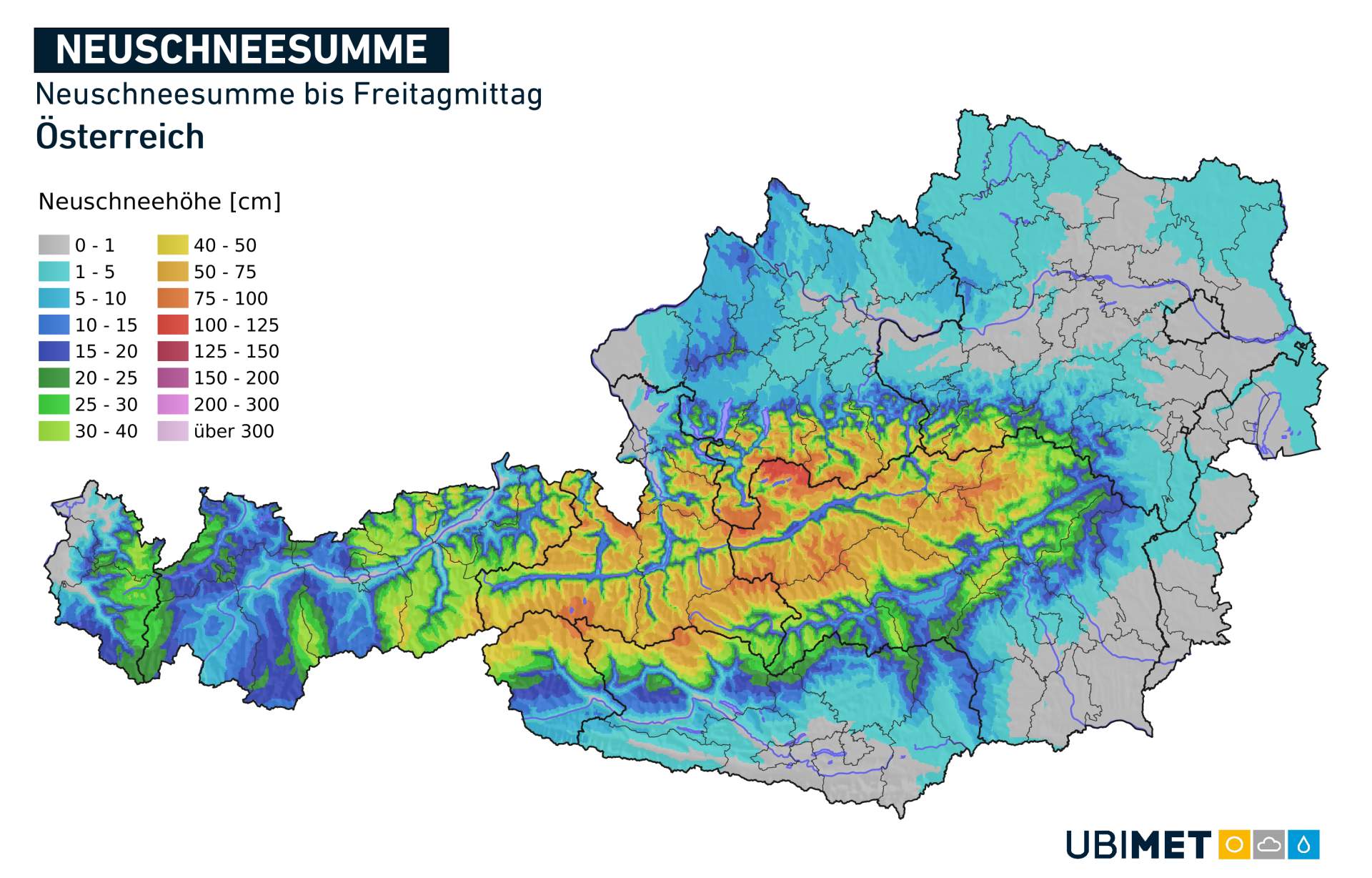 Abb. 2: Neuschneesumme in Österreich bis Freitagmittag; Quelle: Ubimet