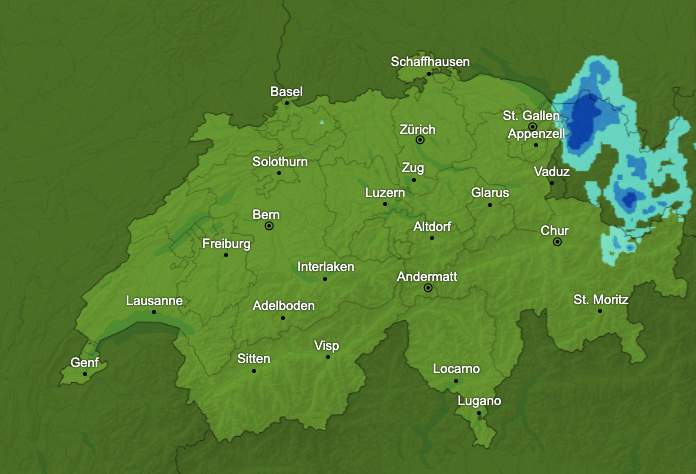 Abb. 1: Radarbild von heute Vormittag 11 Uhr, Niederschläge in erster Linie östlich der Schweiz; Quelle: MeteoNews