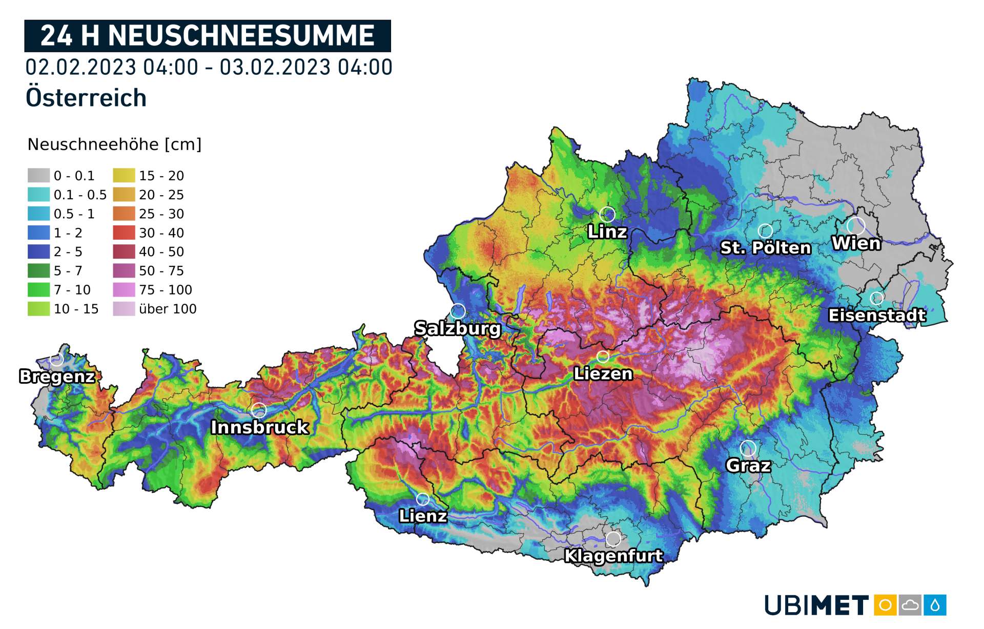 Abb. 1: Neuschneemenge in Österreich in den letzten 24 Stunden; Quelle: UBIMET
