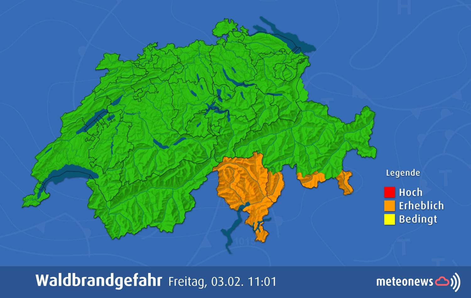 Abb. 3: Die Waldbrandgefahr in der Südschweiz ist erheblich.; Quelle: MeteoNews / Bafu