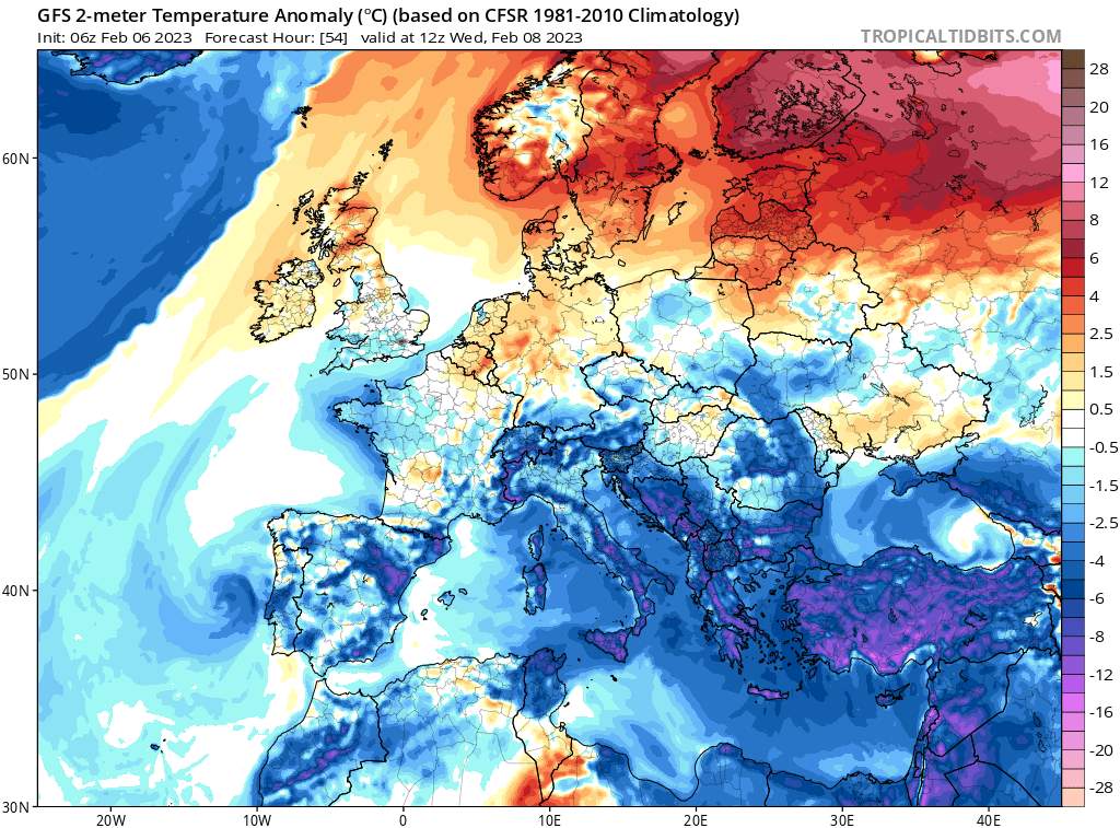 Fig. 5: Carte montrant les anomalies des températures prévues à 2 m du sol pour le mercredi 8 février à 12h UTC; Source: Modèle GFS, via tropicaltidbits.com