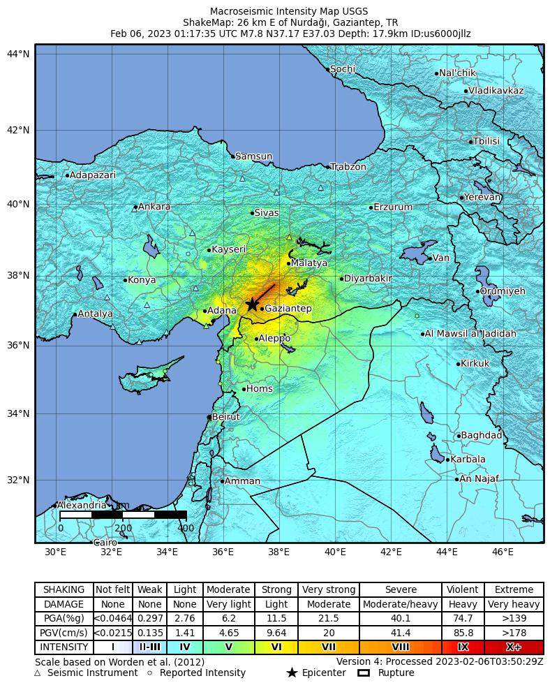 Fig. 1: Carte montrant l'épicentre et l'intensité du séisme survenu dans la nuit du 5 au 6 février sur le sud-est de la Turquie; Source: usgs.gov