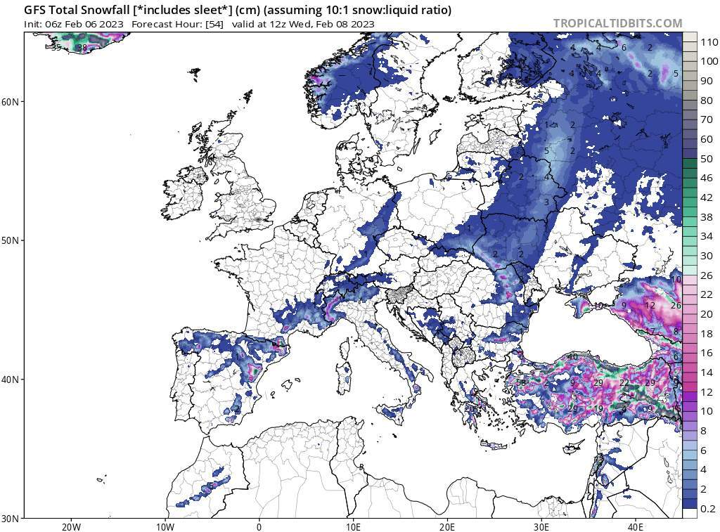 Abb. 3: Karte mit den Schneehöhen in Europa und im Nahen Osten bis Mittwoch, den 8. Februar 12 Uhr UTC; Quelle: Modell GFS, tropicaltidbits.com