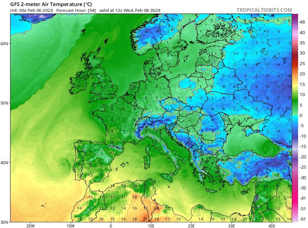 Abb. 4: Temperaturen in 2 Metern Höhe am Mittwoch, den 8. Februar um 12 Uhr UTC; Quelle: Modell GFS, tropicaltidbits.com