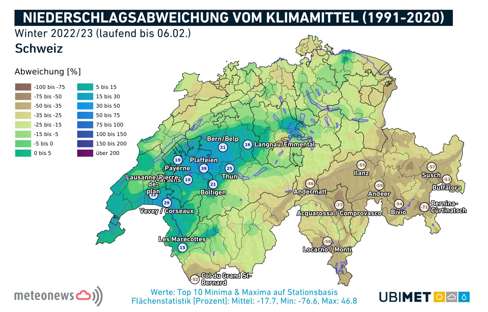 Abb. 2: Niederschlagsabweichung im bisherigen Winter im Vergleich zum langfristigen Mittel; Quelle: MeteoNews, Ubimet