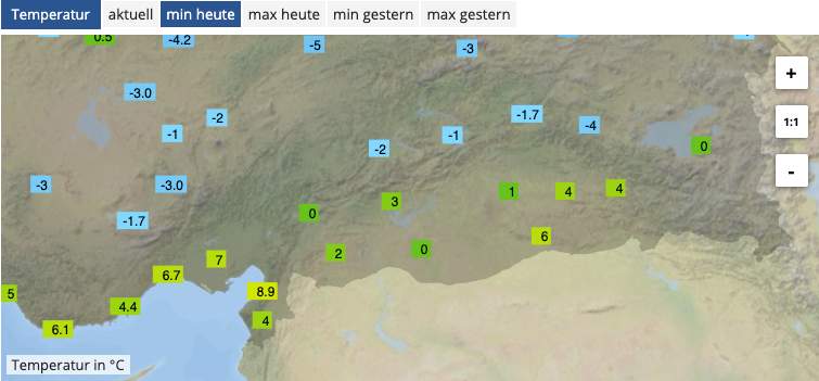 Abb. 1: Tiefsttemperaturen in der Erdbebenregion von Dienstagmorgen.; Quelle: MeteoNews AG