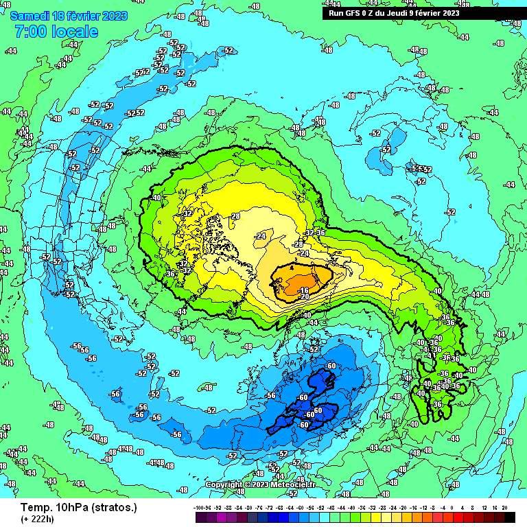 Abb. 4: Temperaturen auf der 10 hPa Fläche (ca. in 30 km Höhe) am Samstag, 18. Februar; Quelle: meteociel.fr
