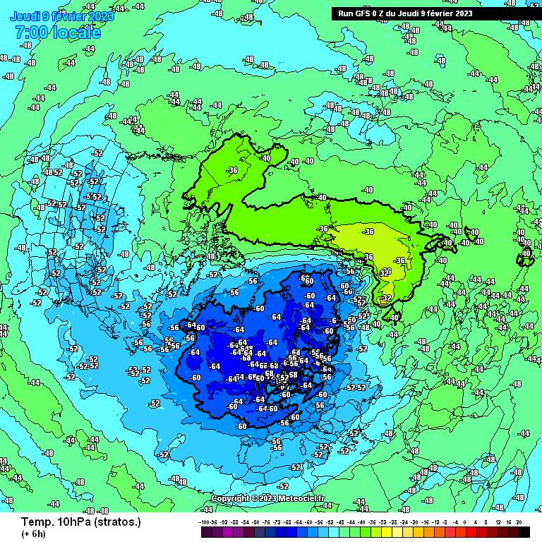 Abb. 1: Aktuelle Temperaturen auf der 10 hPa Fläche (ca. in 30 km Höhe); Quelle: meteociel.fr