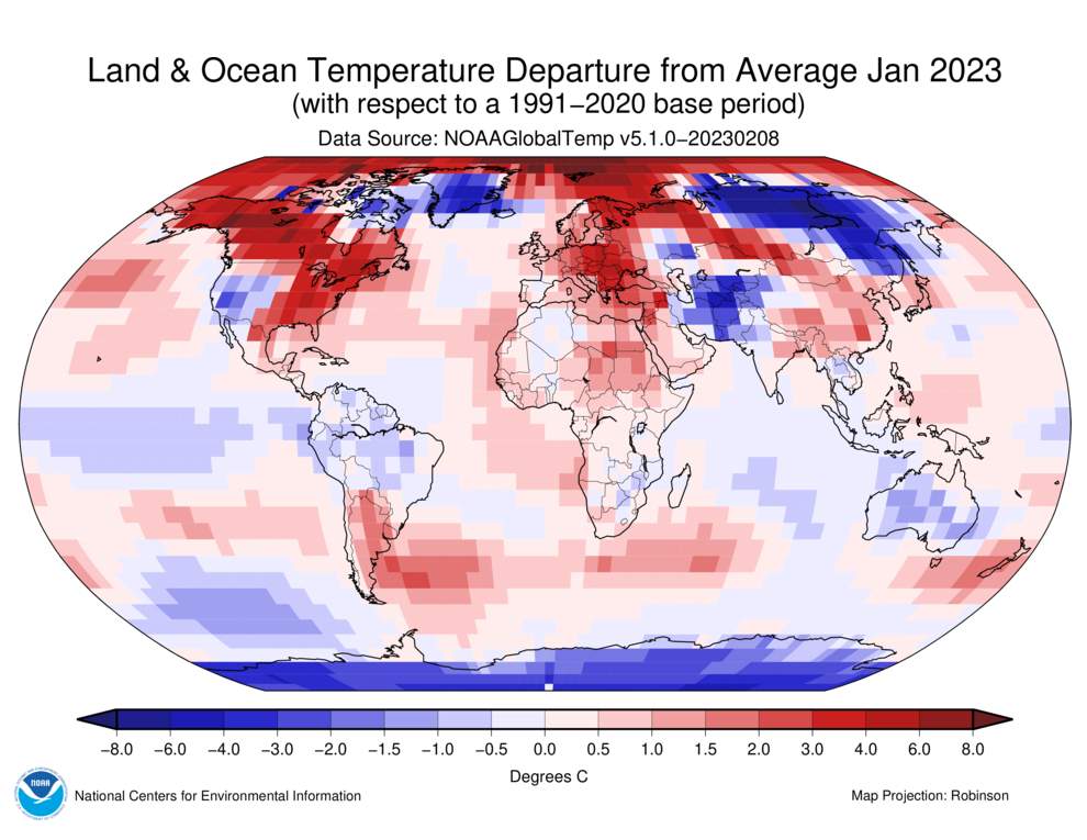 Ecarts thermiques en janvier 2023; Source: NOAA