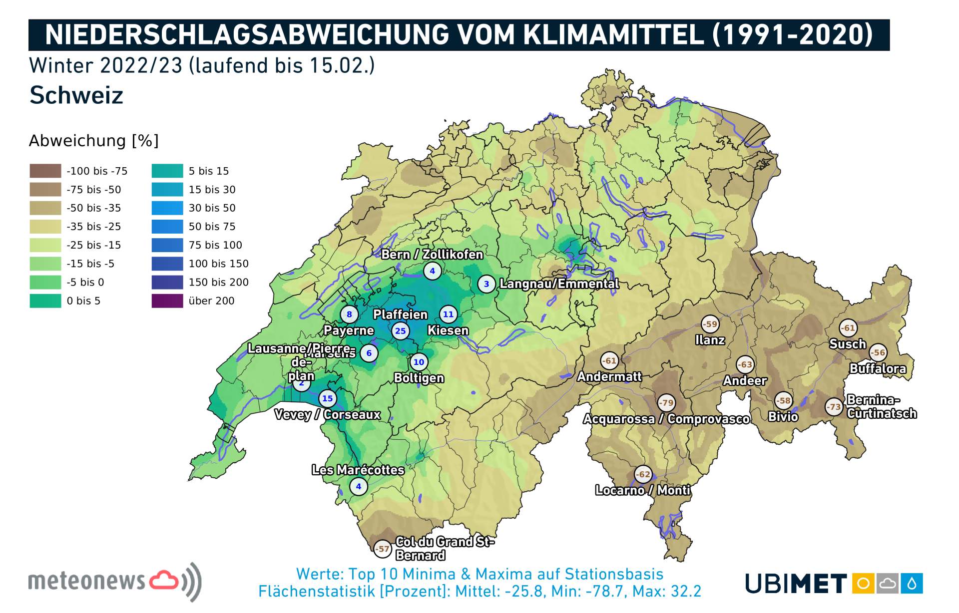 Abb. 3: Niederschlagsabweichung gegenüber dem langjährigen Mittel bisher im Winter (Dezember bis Februar); Quelle: MeteoNews, Ubimet