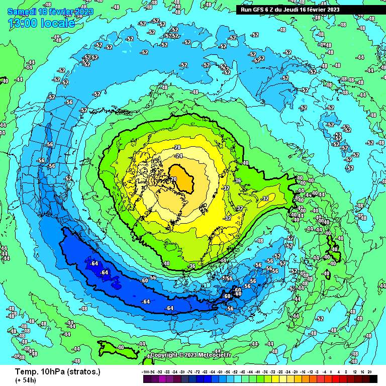 Abb. 2: Temperaturen auf der 10 hPa Fläche (ca. in 30 km Höhe) am Samstag, 18. Februar 2023; Quelle: meteociel.fr
