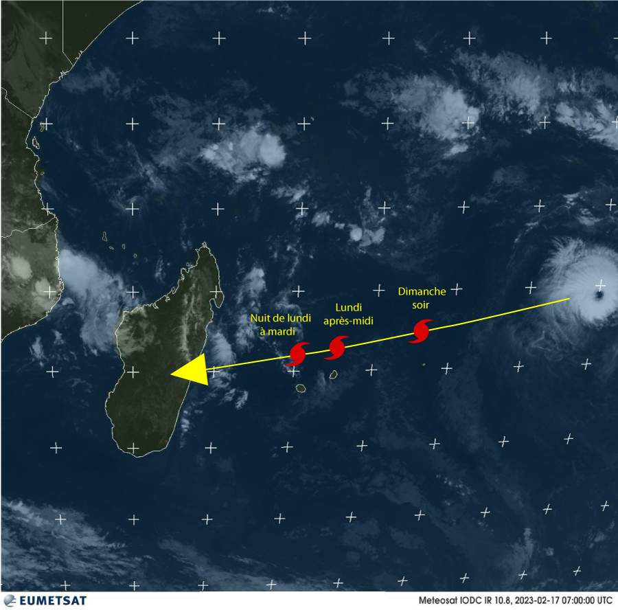 Trajectoire prévue du cyclone Freddy; Source: Eumetsat & MeteoNews